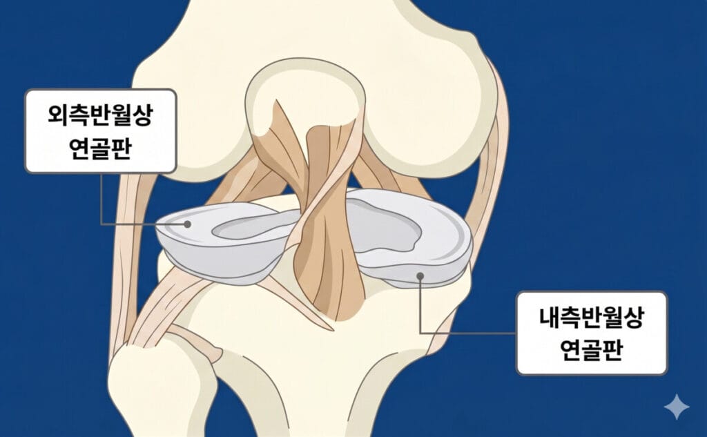 내측 반월상연골판과 외측 반월상연골판의 해부학적 이미지를 2D스타일, 일러스트 느낌으로 만든 AI이미지입니다.