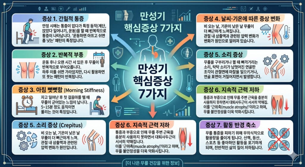 반월상연골판 파열의 만성기 증상 7가지를 설명하는 이미지입니다.