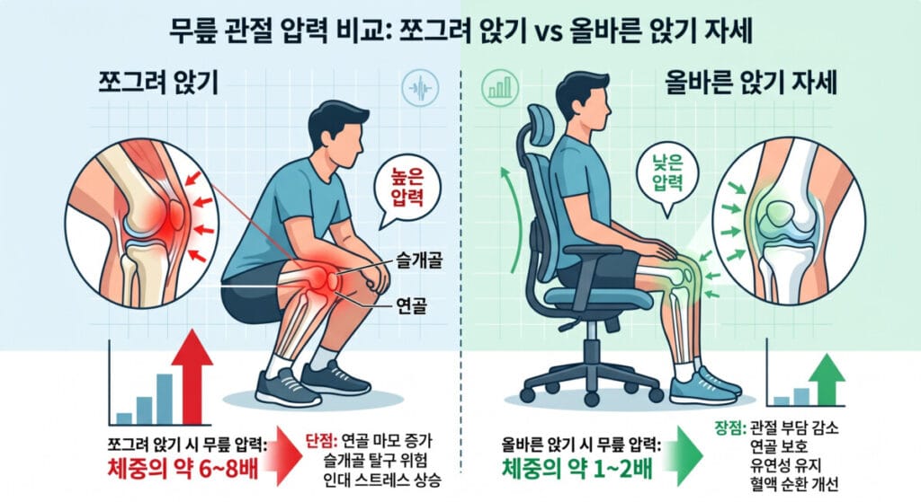 자세에 따른 무릎 관절 압력을 비교한 이미지입니다.
쪼그려앉았을때는 무릎압력이 체중의 약6~8배, 올바른 앉기때는 체중의 약 1~2배의 압력이 가해집니다.