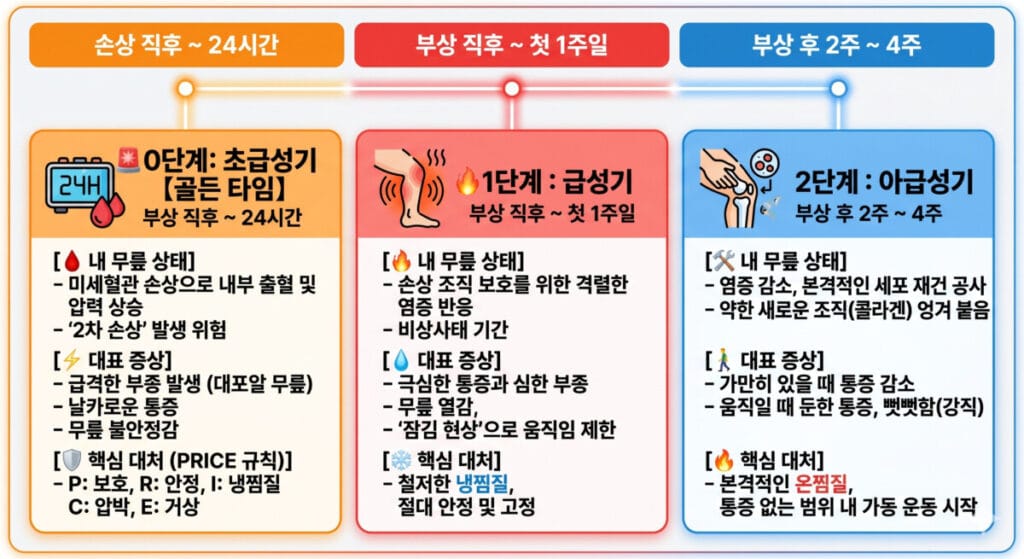 반월상 연골판 파열의 초급성기, 급성기, 아급성기 증상을 단계별로 설명하는 이미지입니다.