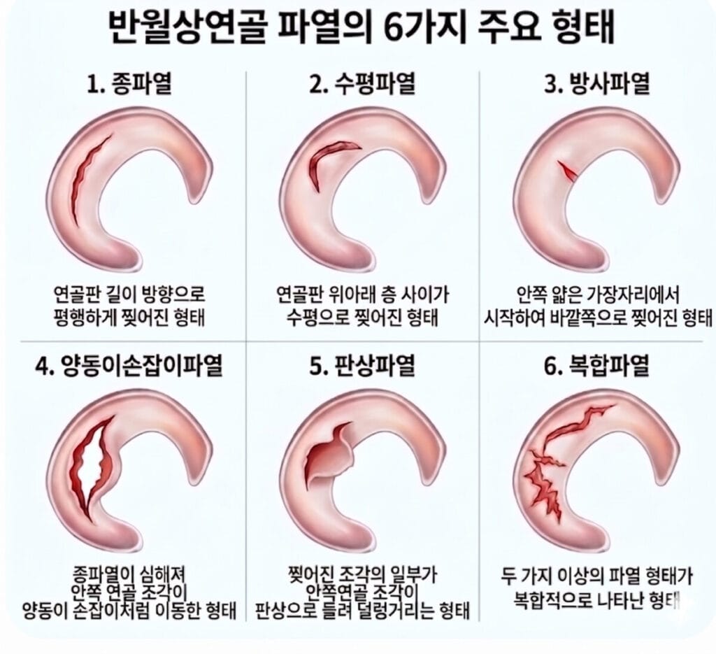 반월상연골판의 6가지 주요형태를 설명하는 이미지입니다.