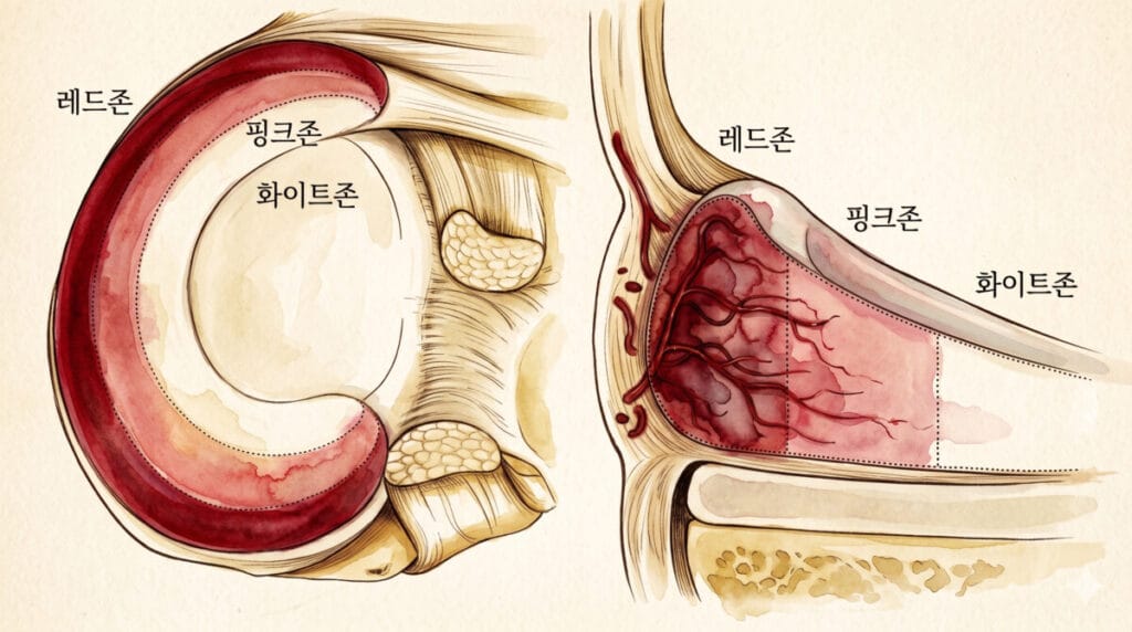 반월상연골판의 적색구역(레드존), 백색구역(화이트존), 적색과 백색사이구역(핑크존)을 설명하는 이미지입니다.