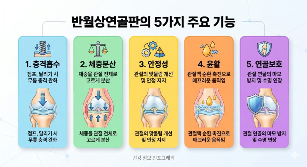 반월상연골판의 5가지 주요 기능을 설명하는 인포크래픽 이미지에요.