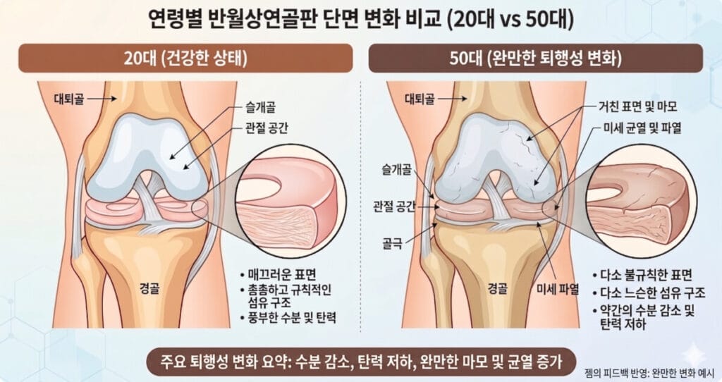 연령별 반월상연골판 단면 비교이미지입니다. 20대와 50대를 비교했습니다.