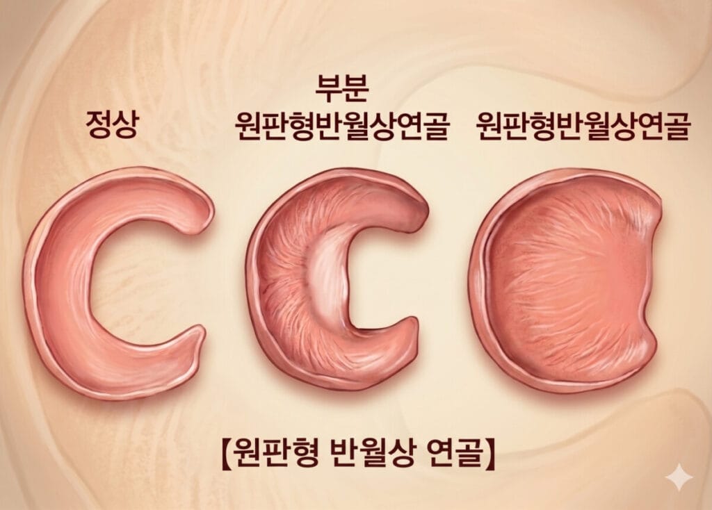 반월상연골의 특수형태인 '원반형 반월상연골'의 이미지입니다. 보름달처럼 둥글고 두껍게 생긴 모양입니다.