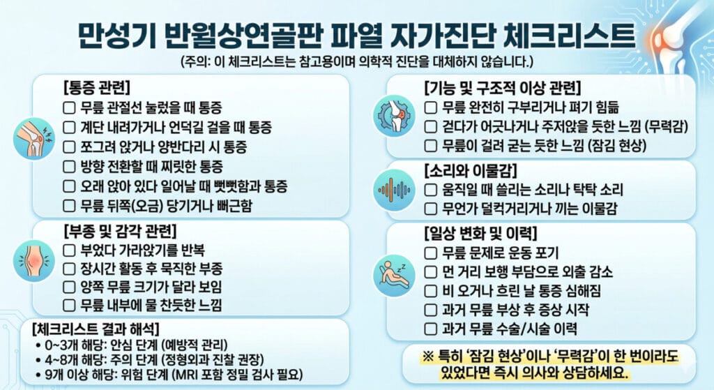 만성기 반월상연골판 파열 자가진단 체크리스트를 이미지로 만들었습니다.