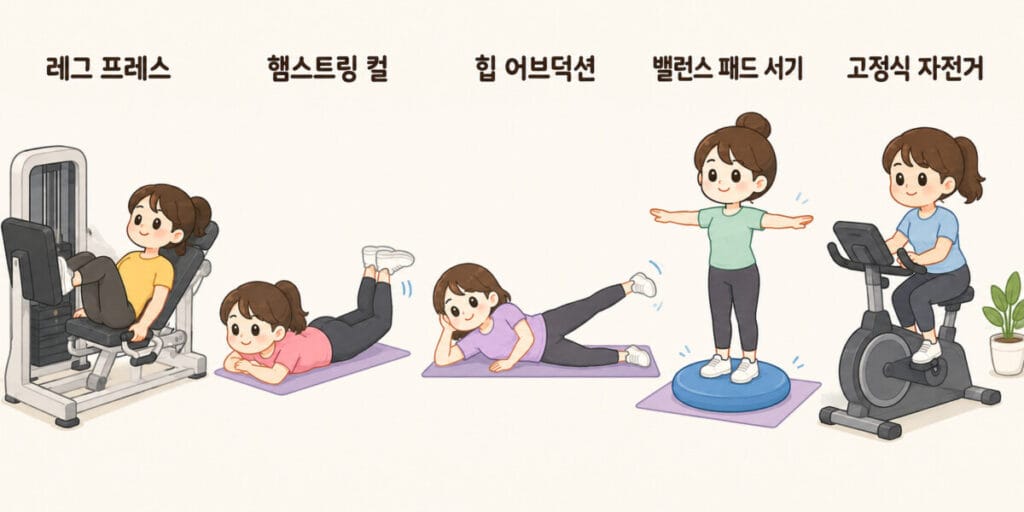 전방십자인대 이식건 수술 후 3단계 근력 강화기 (6주~3개월)에 할 수 있는 핵심운동 5가지를 설명하는 그림입니다.