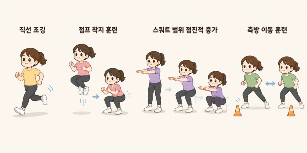 전방십자인대 이식건 수술 후 4단계 기능 회복기 (3~6개월) 핵심운동 4가지를 설명하는 그림입니다.