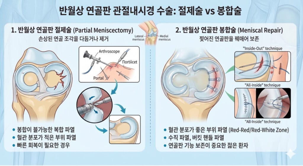 반월상연골판이 파열되었을 때 시행하는, 관절내시경 수술의 2가지 방법을 비교한 이미지입니다.(2가지 방법은 절제술과 봉합술)