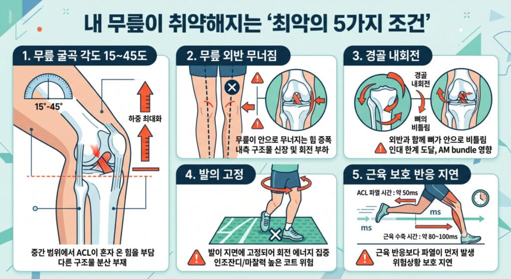 내 무릎이 취약해지는 최악의 5가지 조건_전방십자인대 파열에 대해 설명하는 이미지입니다.