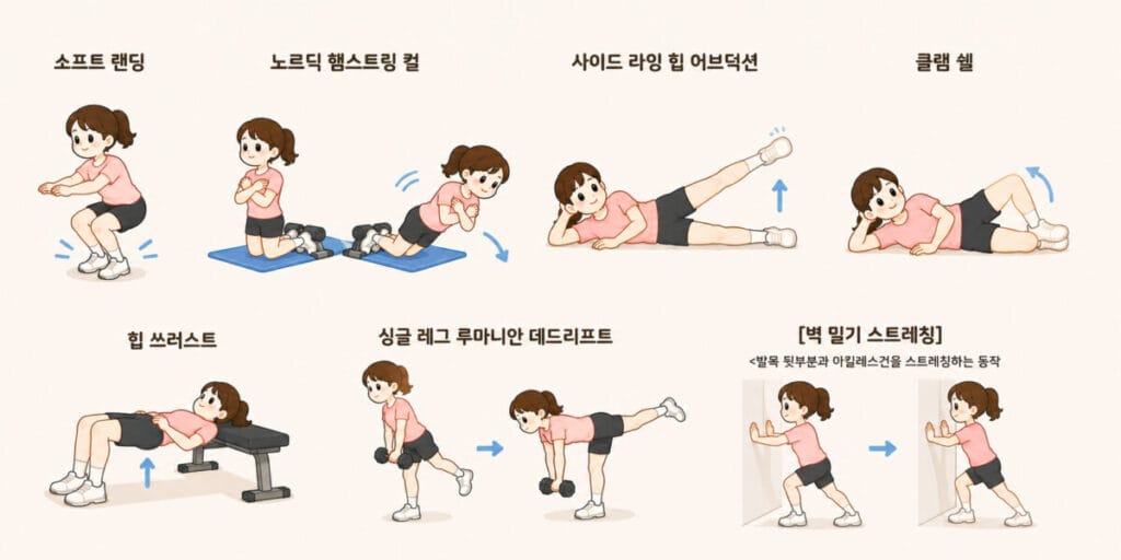 여성을 위한 전방십자인대 예방 훈련을 표현하는 그림입니다.