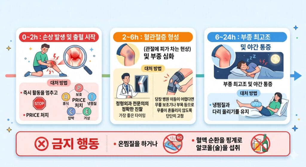 전방십자인대 손상 직후 - 0~24시간 (골든타임)을 타임별로 설명한 이미지입니다.