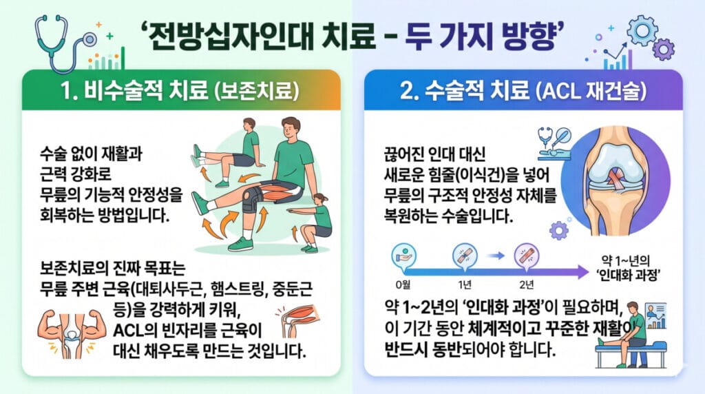 전방십자인대 치료의 두가지 방향을 설명하는 이미지입니다(보존치료와 재건술)