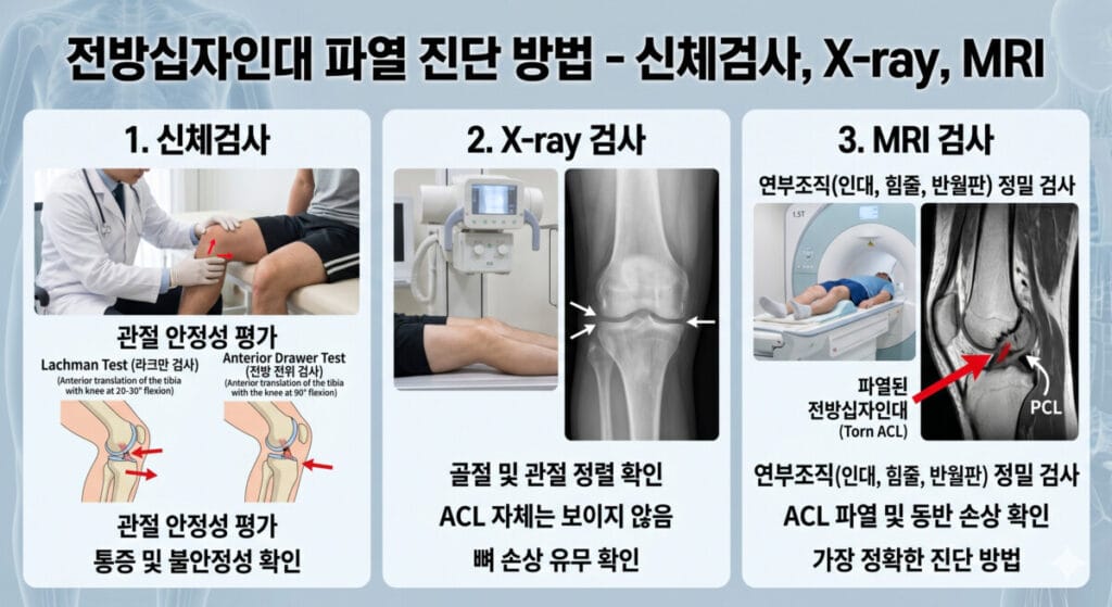 전방십자인대 파열 진단방법을 설명하는 이미지입니다.
진단방법은 신체검사,X-ray검사,MRI검사입니다.