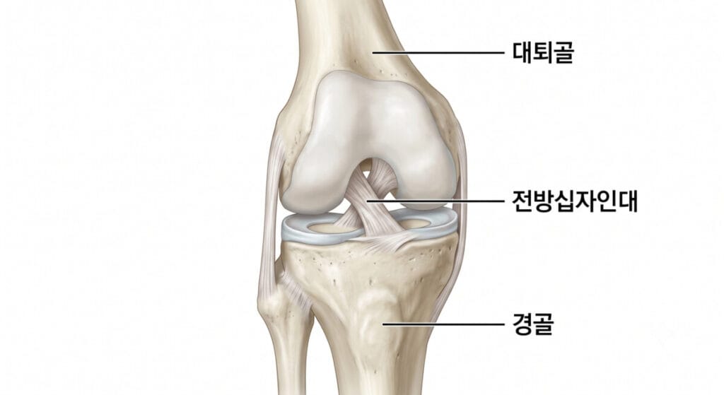전방십자인대의 위치와 생김새를 설명하는 해부학적 이미지입니다.