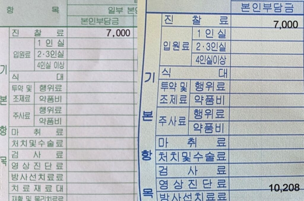 글쓴이가 병원에서 결제한 영수증 내역